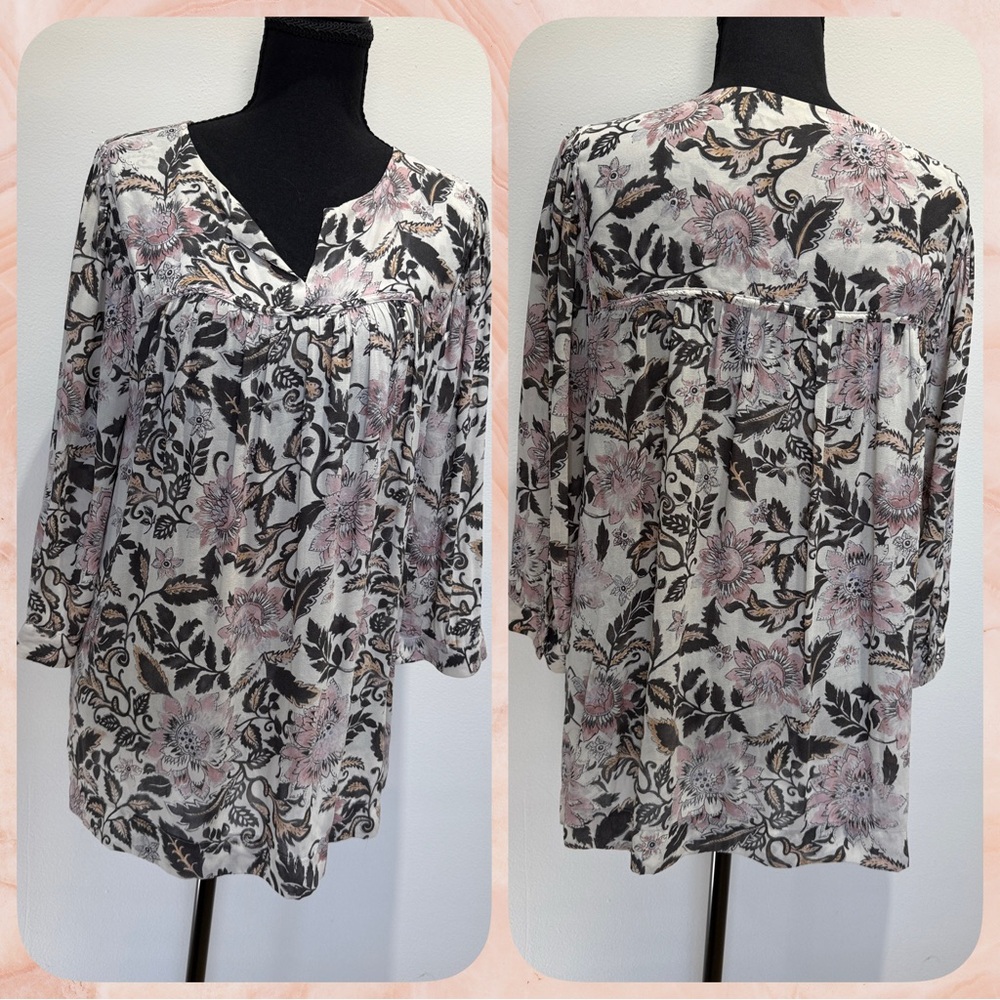 LOFT Women’s Black and Pink Floral 3/4 Sleeve Blouse-size large